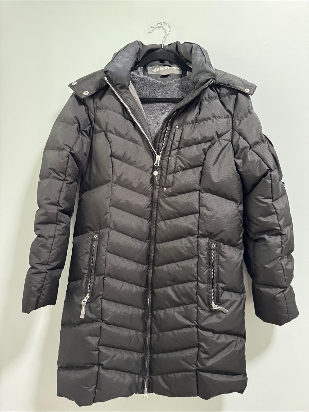 Eddie Bauer Black Puffer Faux Fur Lined Coat with Hood - S